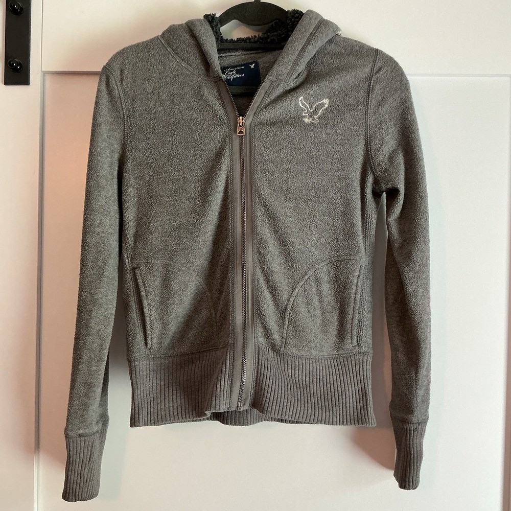 AEO American Eagle Fleece‎ Full Zip Sweater Faux Fur Hoodie Grey Medium Y2K